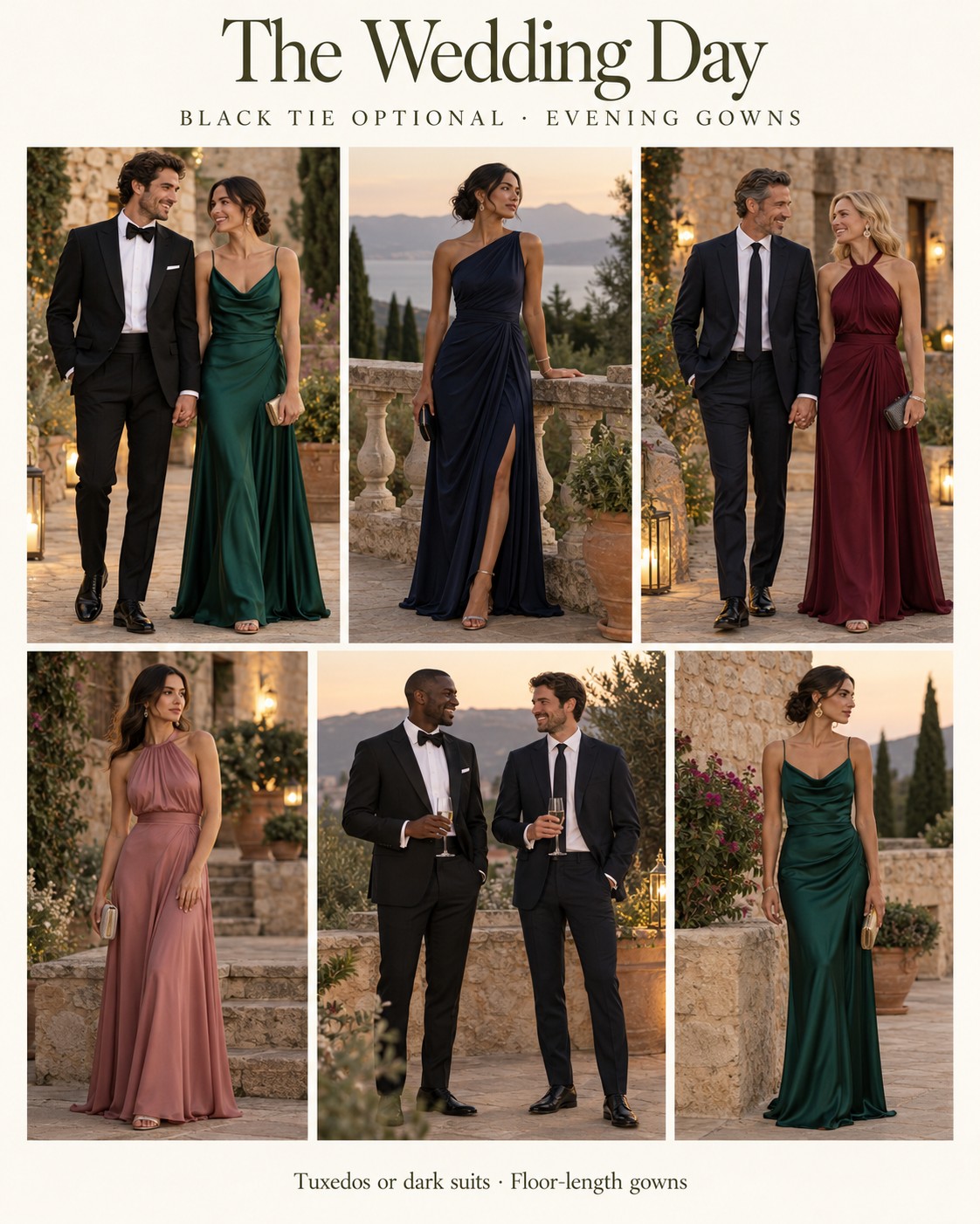 Wedding day outfit inspiration: tuxedos and dark suits alongside floor-length evening gowns in emerald, navy, burgundy and dusty rose